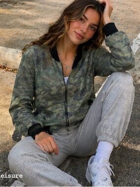 Camo Zip Up Jacket XS Enough About Me Green Camouflage Lightweight Bomber Jacket